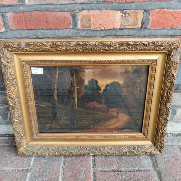 19th-century oil painting of a country scene with a cottage.