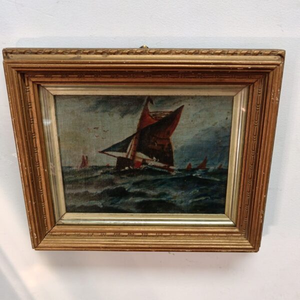 19th-century oil painting of a fishing boat in rough seas.