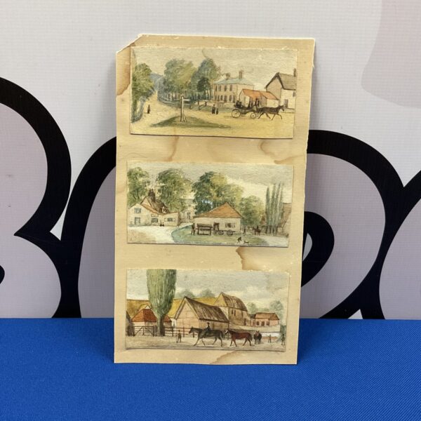 Antique 19th-century watercolour painting of a village scene.