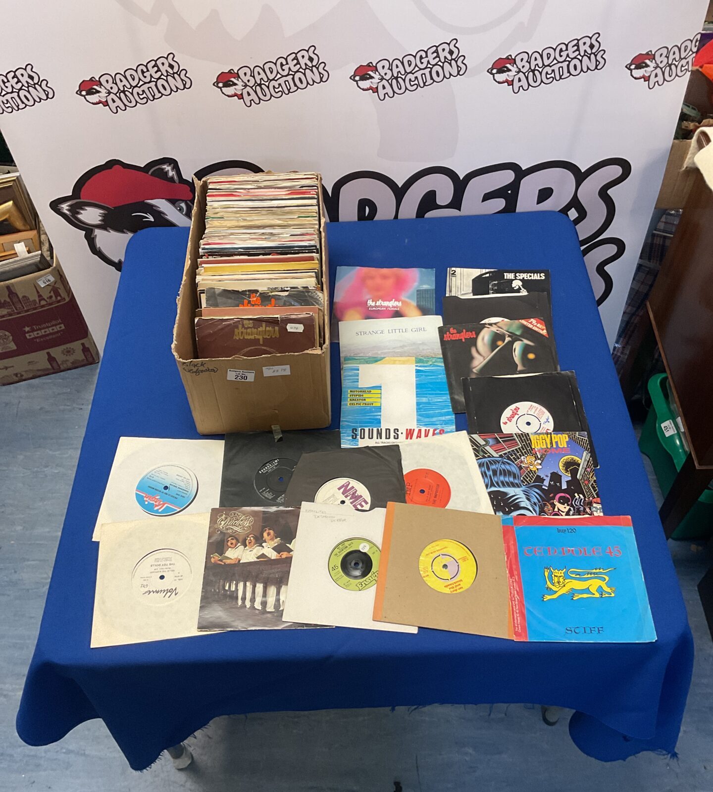 Collection of 7 inch vinyl singles including punk, reggae, and new wave records.