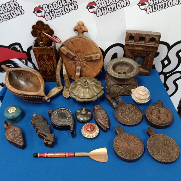 Collection of African and Indian carved wooden treen items.
