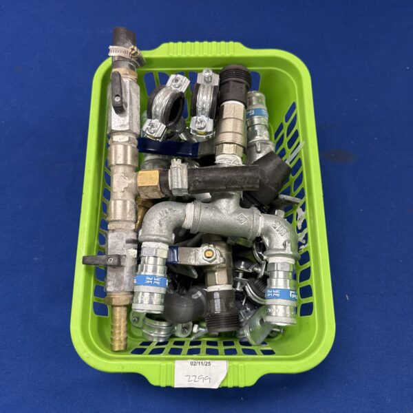 Brass airline connector parts and stop taps for pneumatic systems.