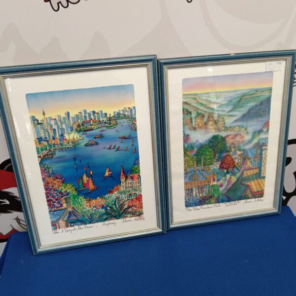 Vibrant Alison Ashley Australian print of a harbour scene with sailboats.