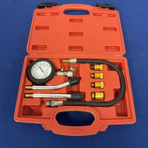 Amtech engine compression tester kit with gauge and adaptors.
