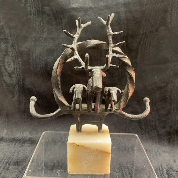 Ancient Anatolian bronze ceremonial standard on marble base.