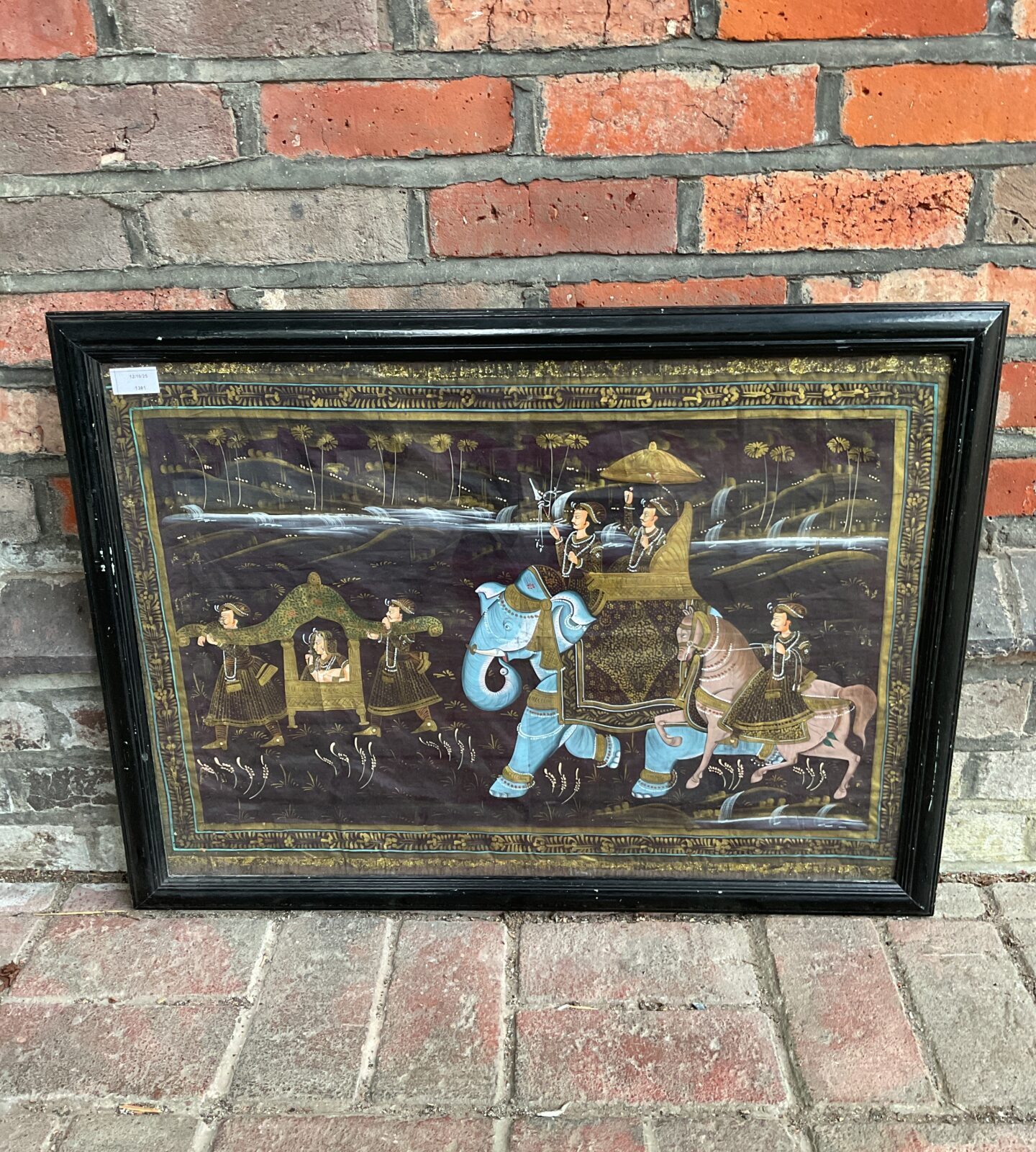 Vintage Anglo Indian painting of a royal procession on textile.