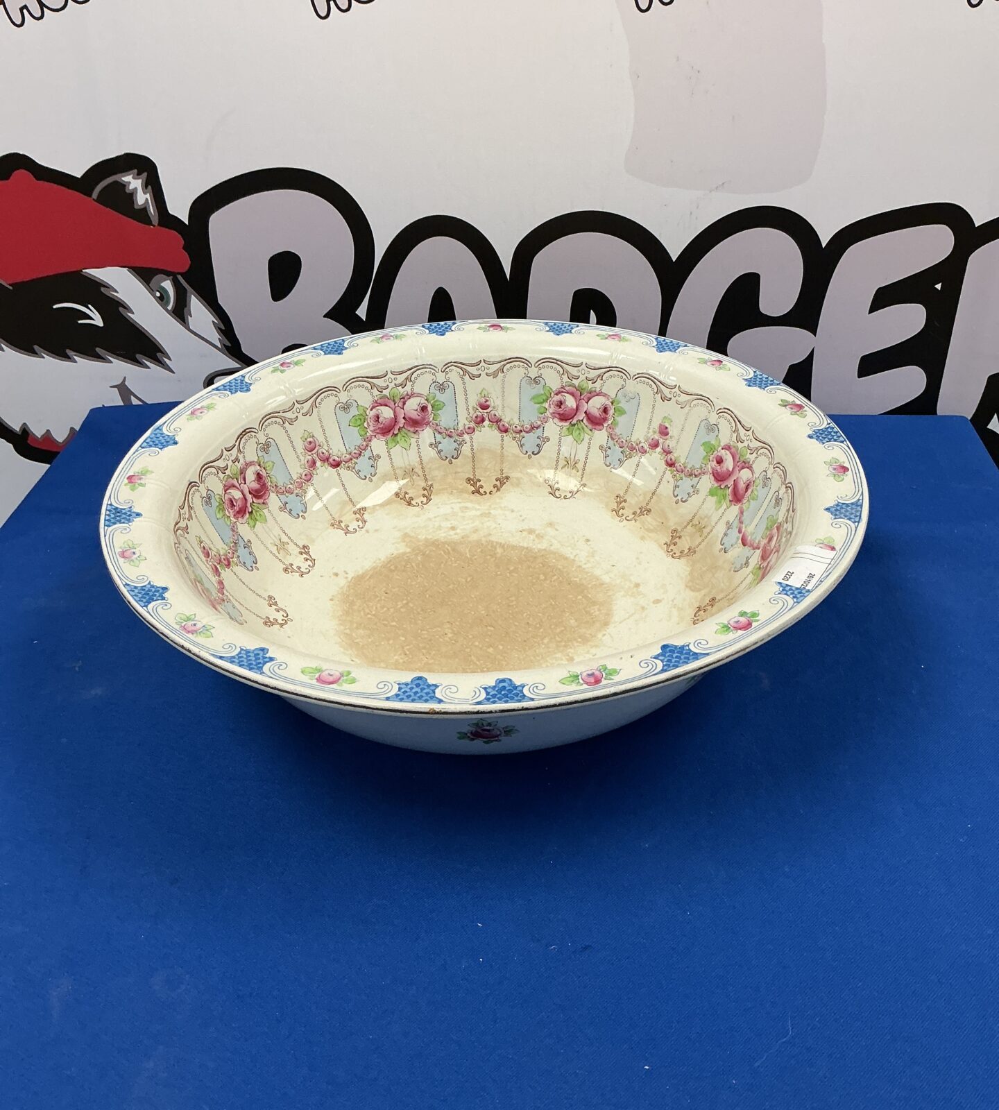 Antique Burslem washing bowl with floral pattern, Victorian pottery.