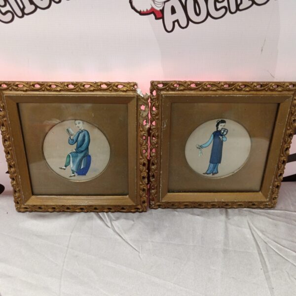 Pair of antique Chinese silk paintings with ornate frames.