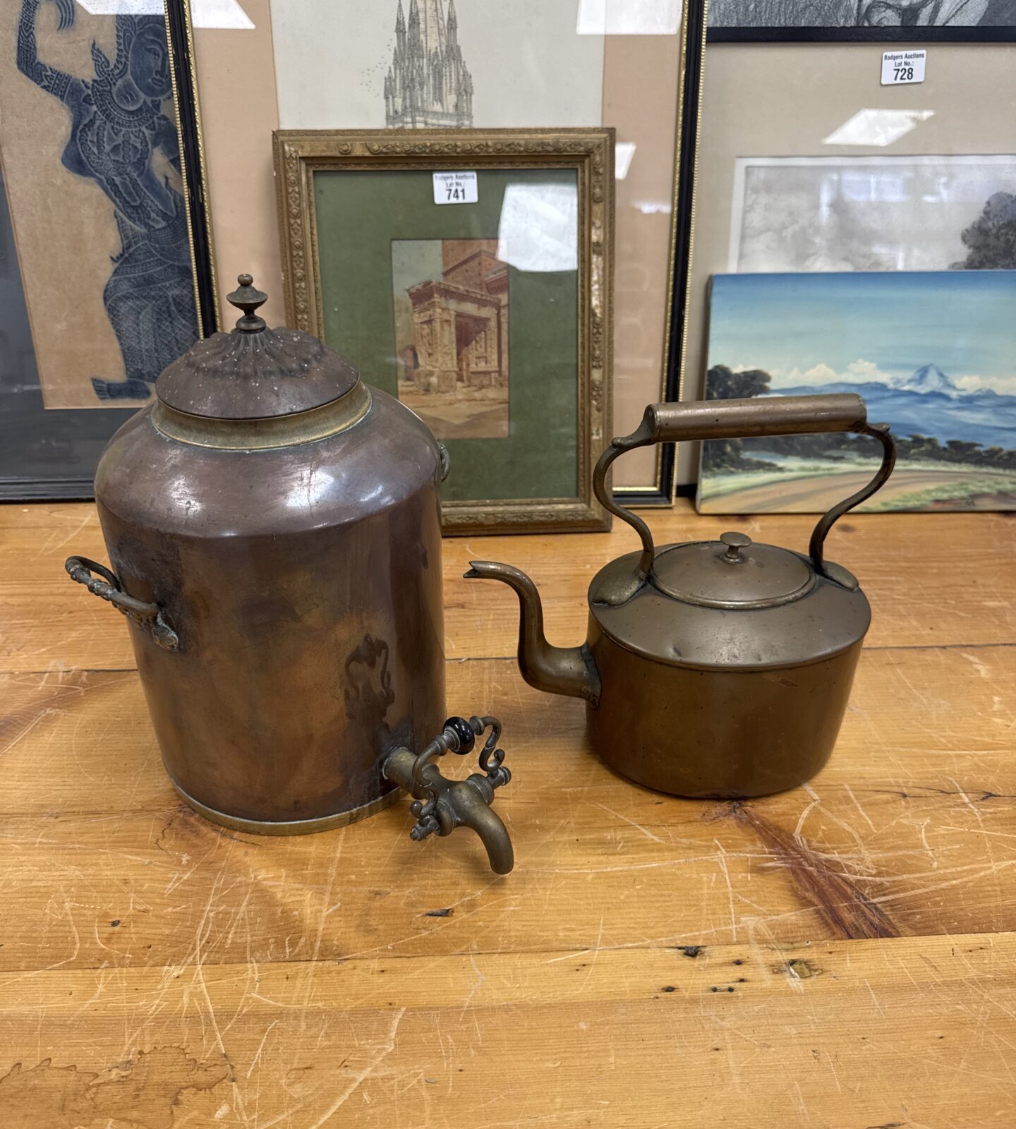 Antique copper water cistern and kettle set, Victorian era.