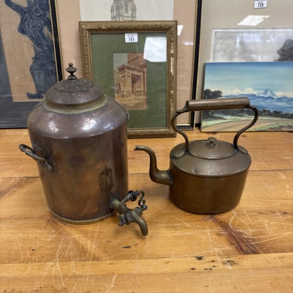 Antique copper water cistern and kettle set, Victorian era.