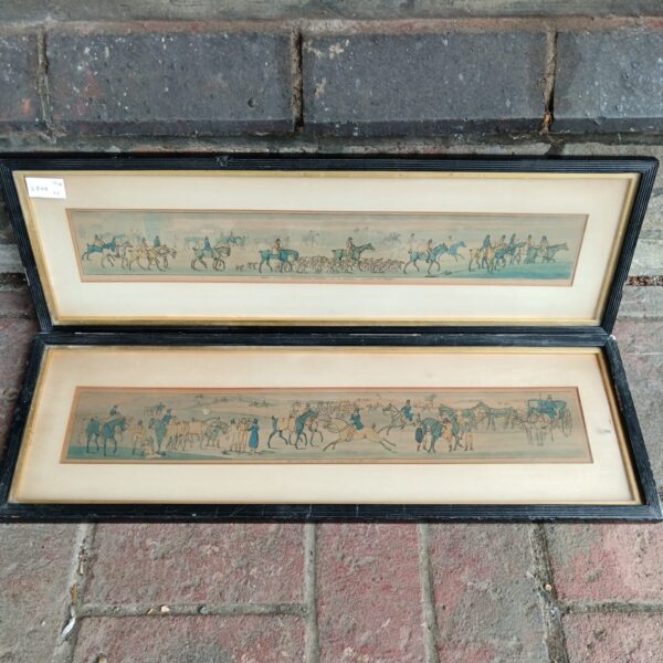 Pair of antique hunt engravings by S & I Fuller depicting a fox hunt scene.