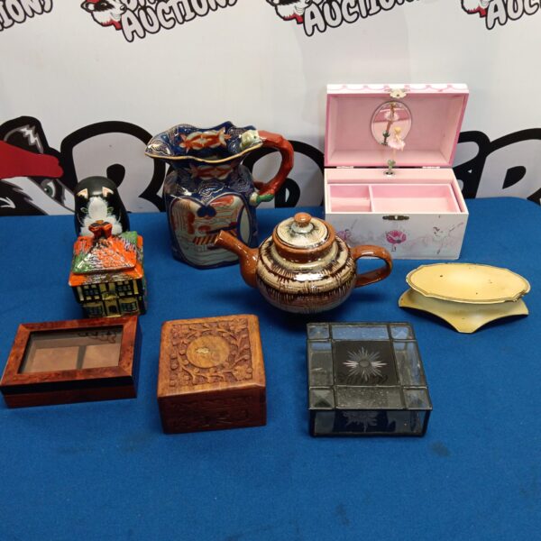 Antique jewellery boxes and ironstone jug in a vintage collectible lot.