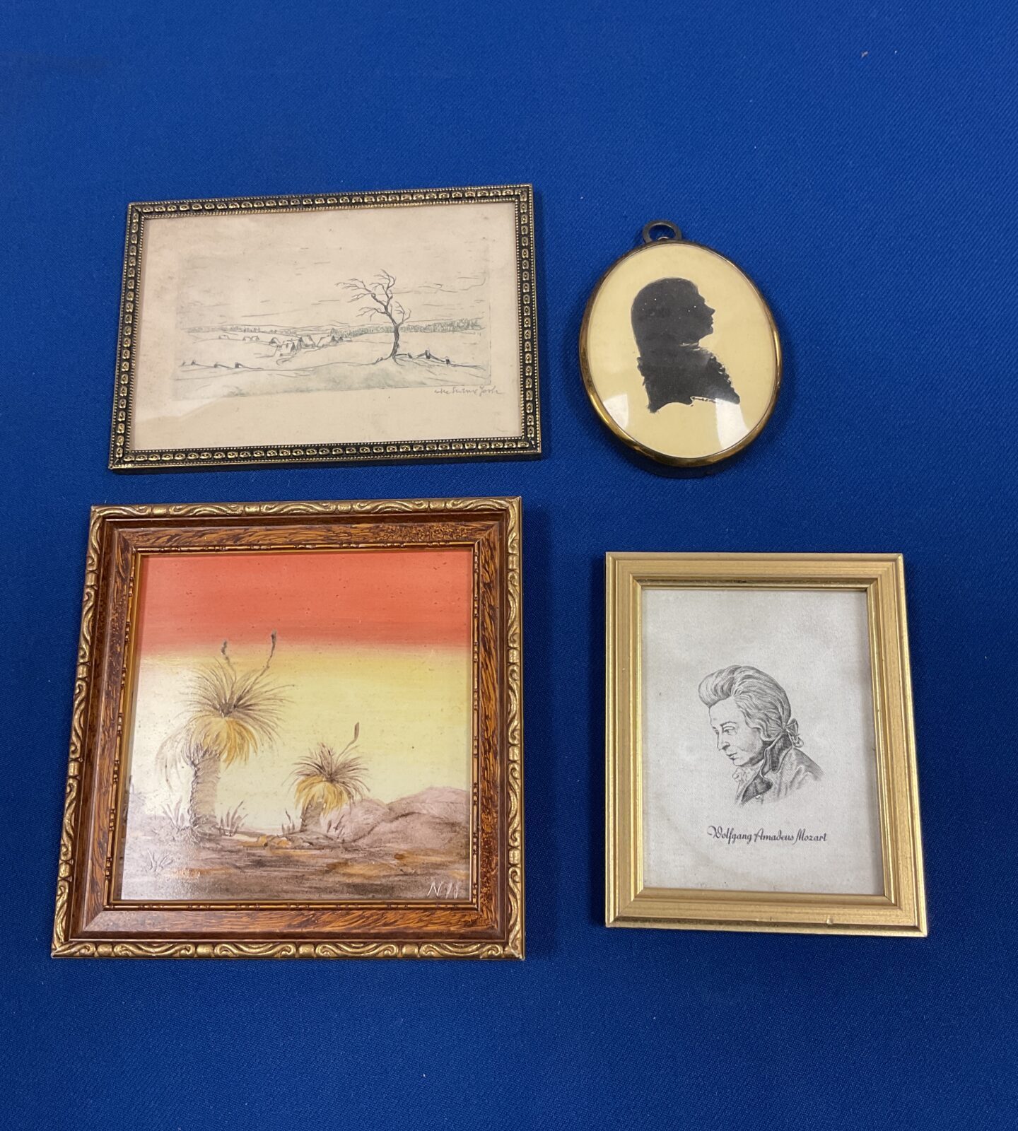 Antique miniature portrait collection featuring silhouette, etching, and tile.