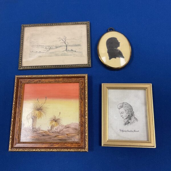 Antique miniature portrait collection featuring silhouette, etching, and tile.