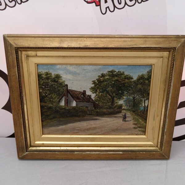 Antique oil painting of a country cottage signed V Loder.