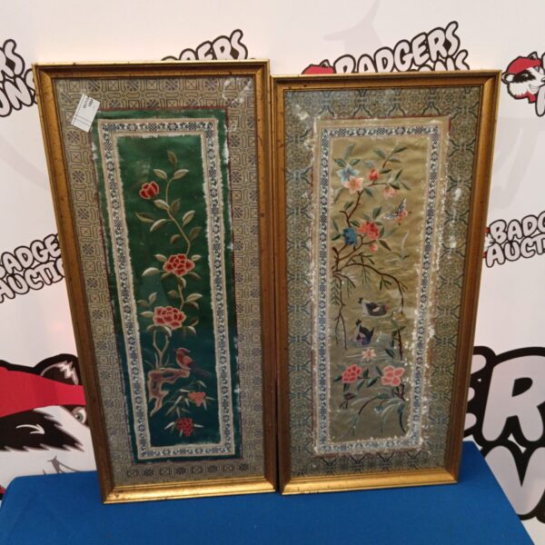 Antique oriental silk embroidery of birds and flowers.