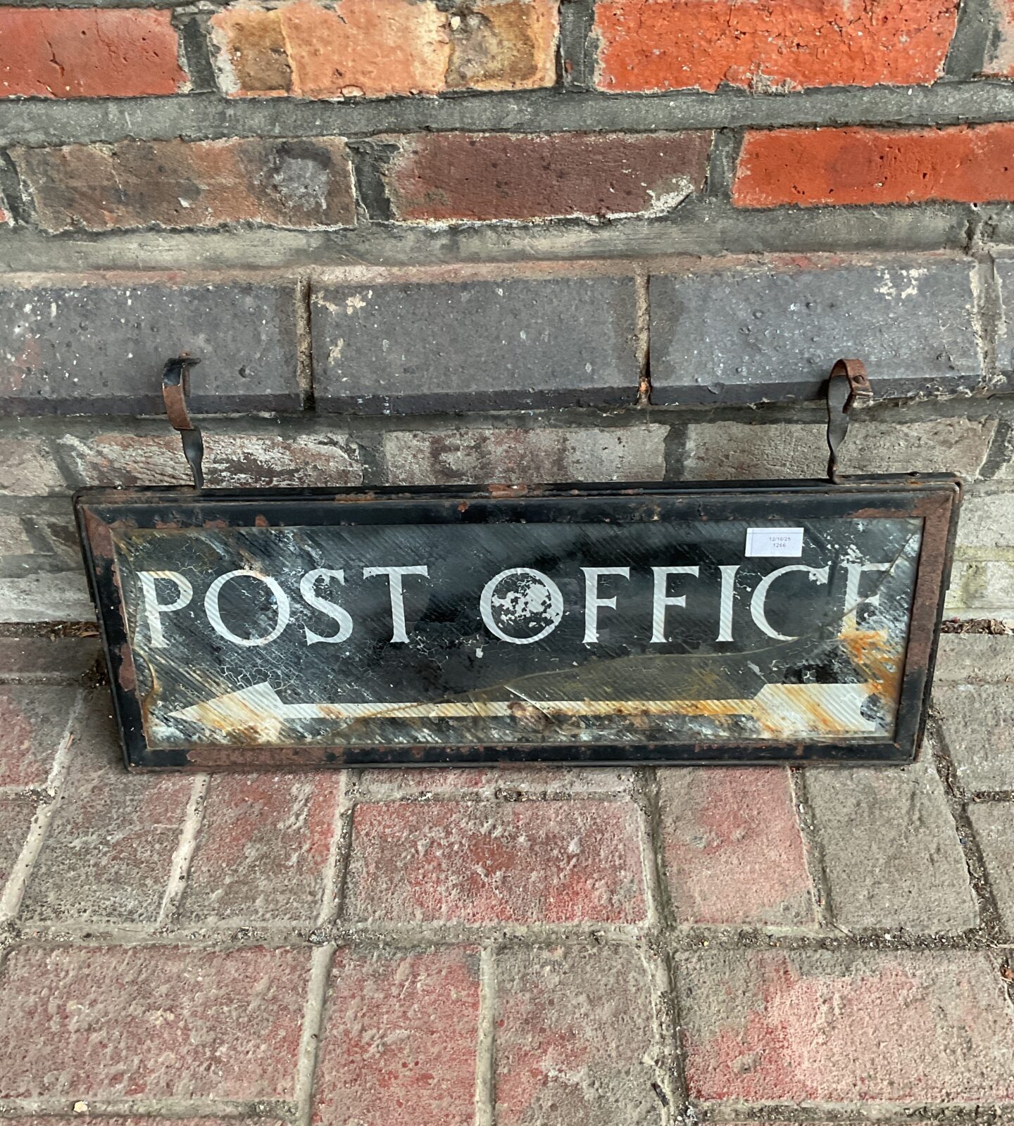 Antique post office sign with wrought iron frame, double sided.