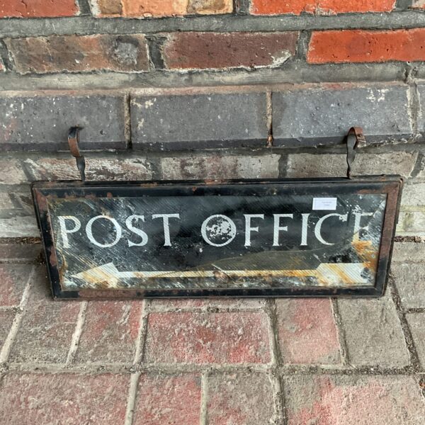 Antique post office sign with wrought iron frame, double sided.