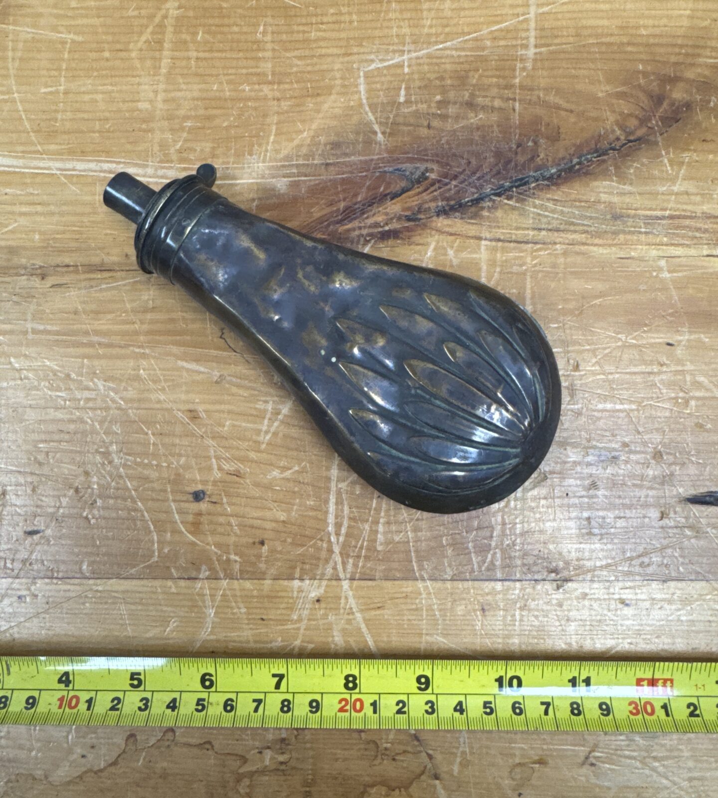 Antique Sykes black powder flask in good condition.