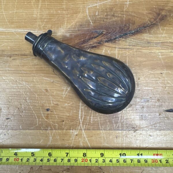 Antique Sykes black powder flask in good condition.