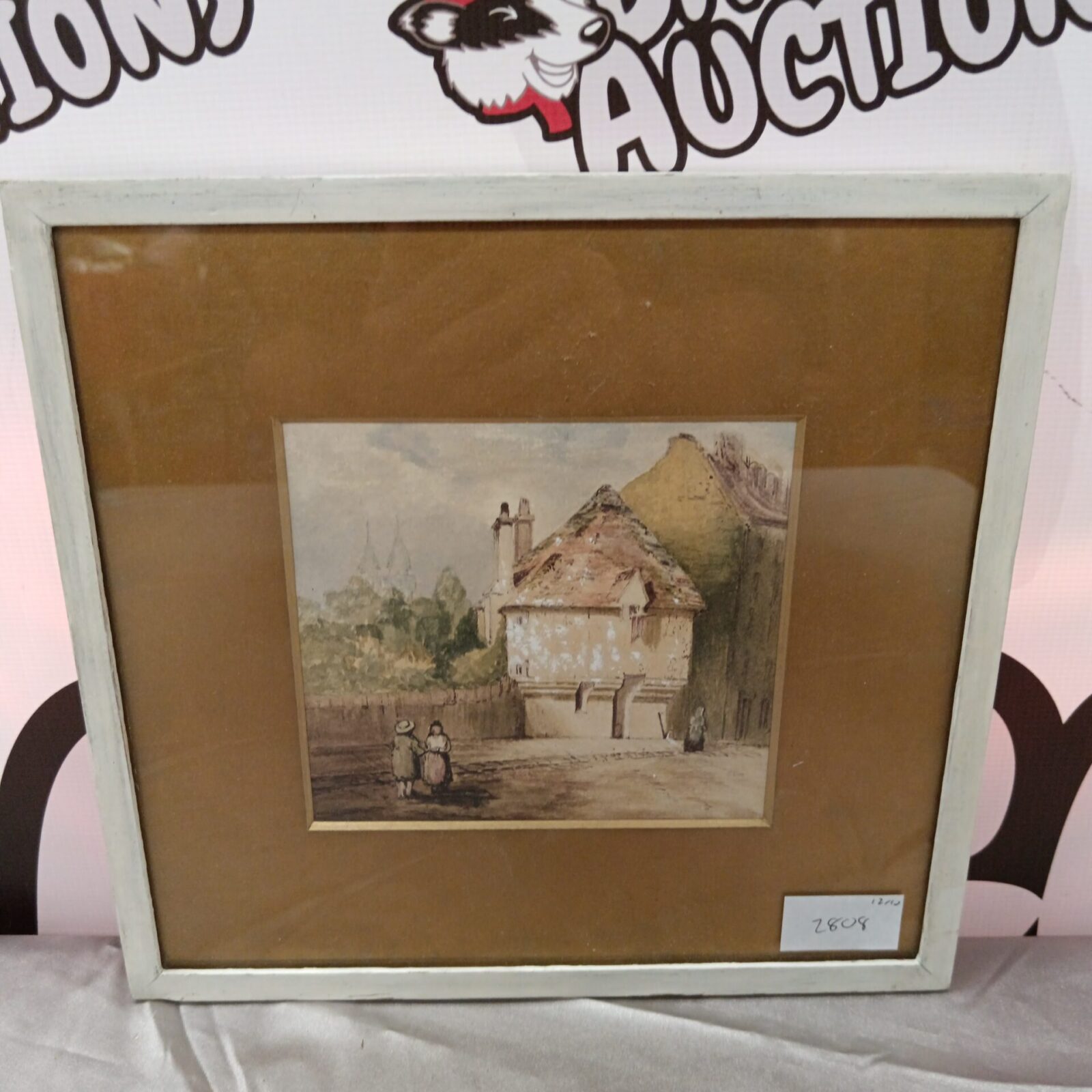 Antique watercolour painting of a street scene with castle in background.