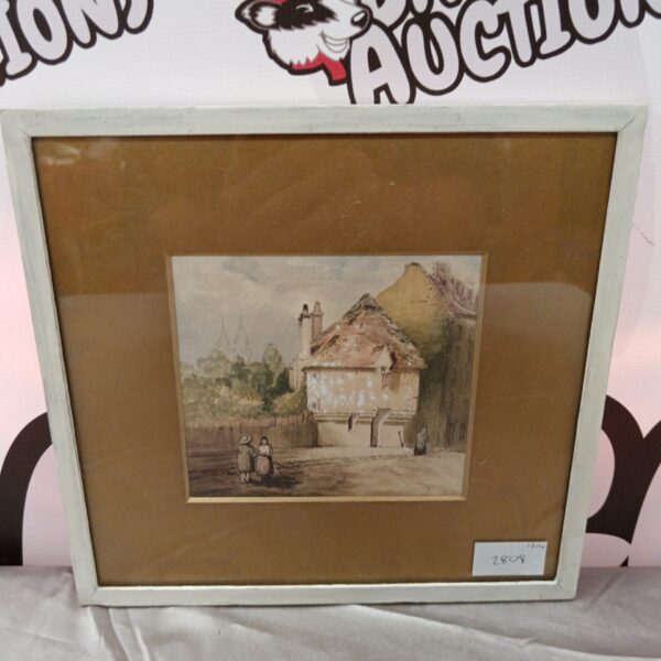 Antique watercolour painting of a street scene with castle in background.