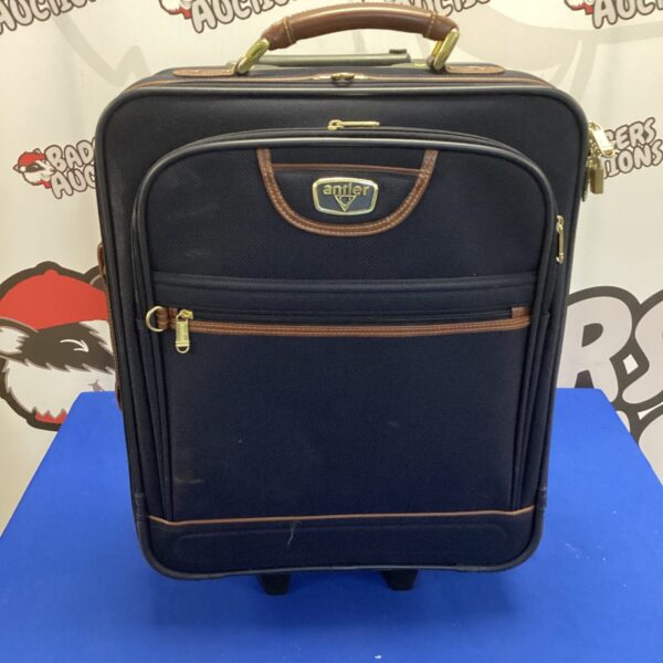 Vintage Antler suitcase with wheels and extending handle for easy travel.