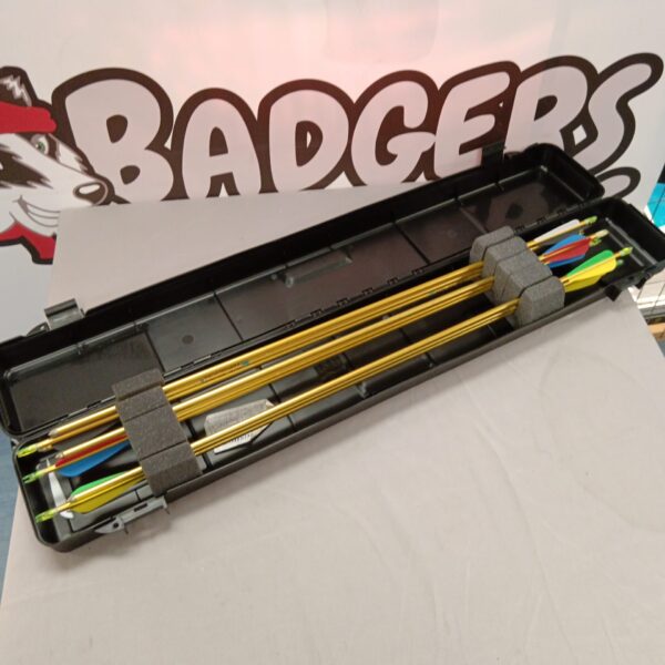 Compact arrow case filled with archery arrows for safe storage.