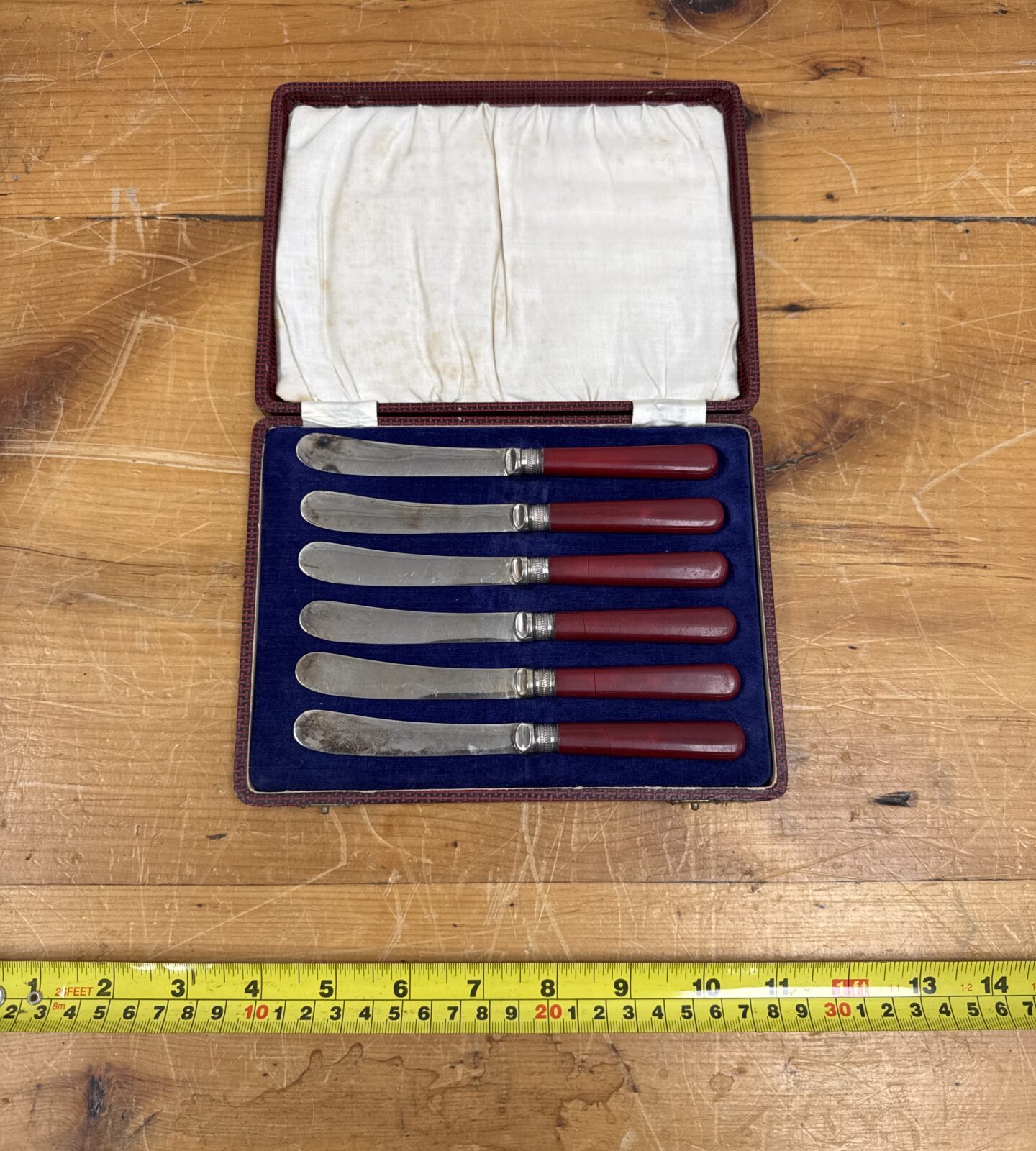 Cased set of vintage art deco cake knives with red coral handles.