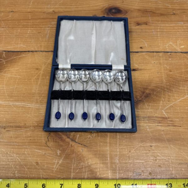Vintage Art Deco silver plated coffee spoon set with blue beads.