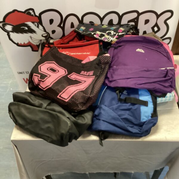 Mixed lot of assorted bags and rucksacks for sale.