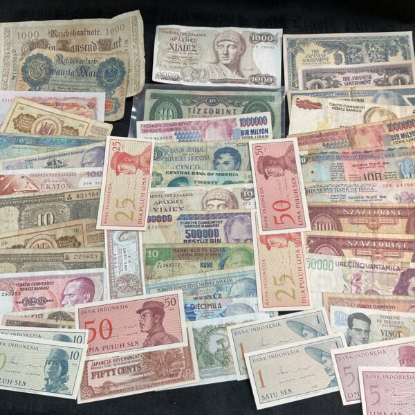 Diverse collection of assorted bank notes and world currency.