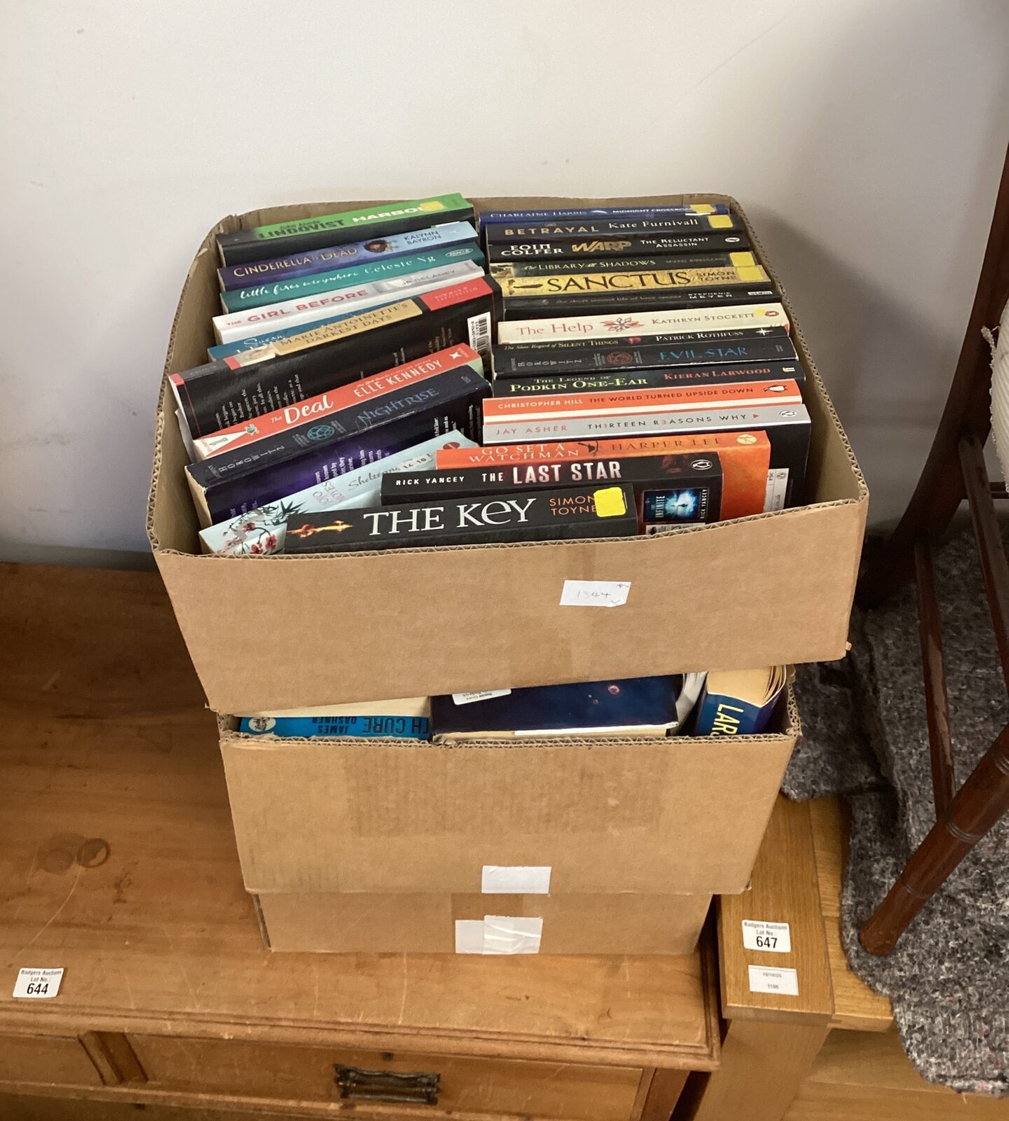 Stack of assorted novels and books in cardboard boxes.