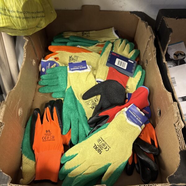 Box of new assorted work gloves for hand protection.