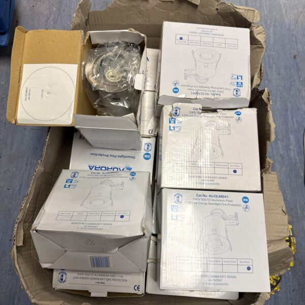New Aurora 11W low energy downlights in original packaging.
