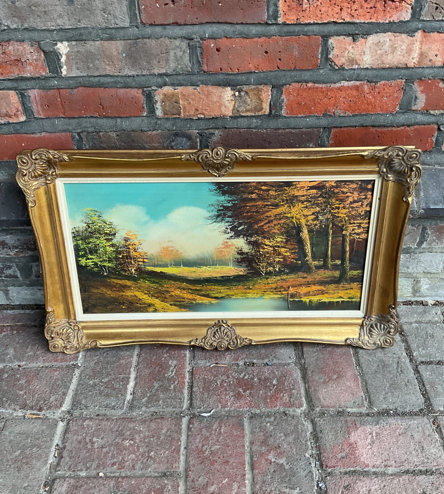 Signed autumnal oil painting with gilt frame, vintage landscape art.