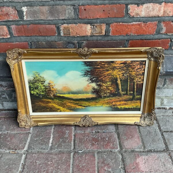 Signed autumnal oil painting with gilt frame, vintage landscape art.