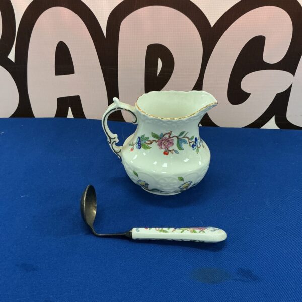 Vintage Aynsley bone china gravy boat with floral design and spoon.