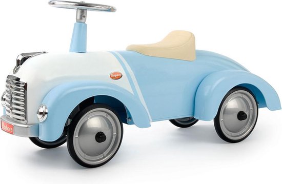Blue and white Baghera ride on car, classic vintage toy.