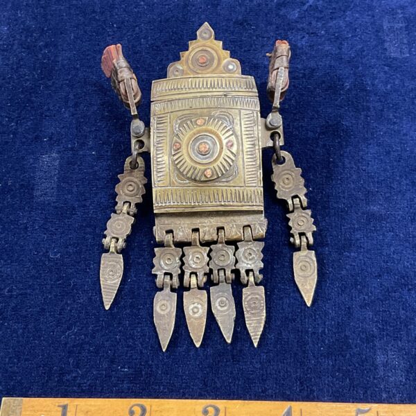 Antique Balkan gunpowder box with brass detailing.