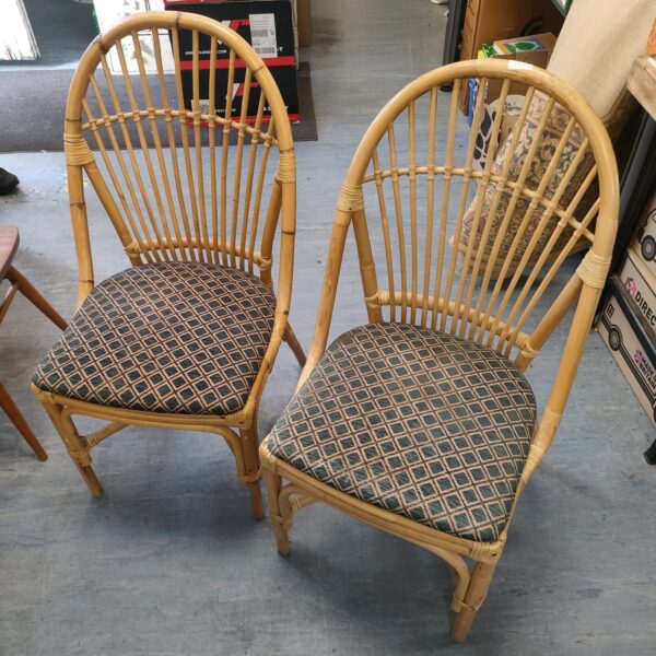 Vintage pair of bamboo conservatory chairs with patterned cushions.