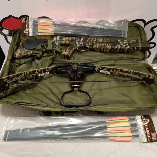 Barnett Revolution compound crossbow set with case and bolts.