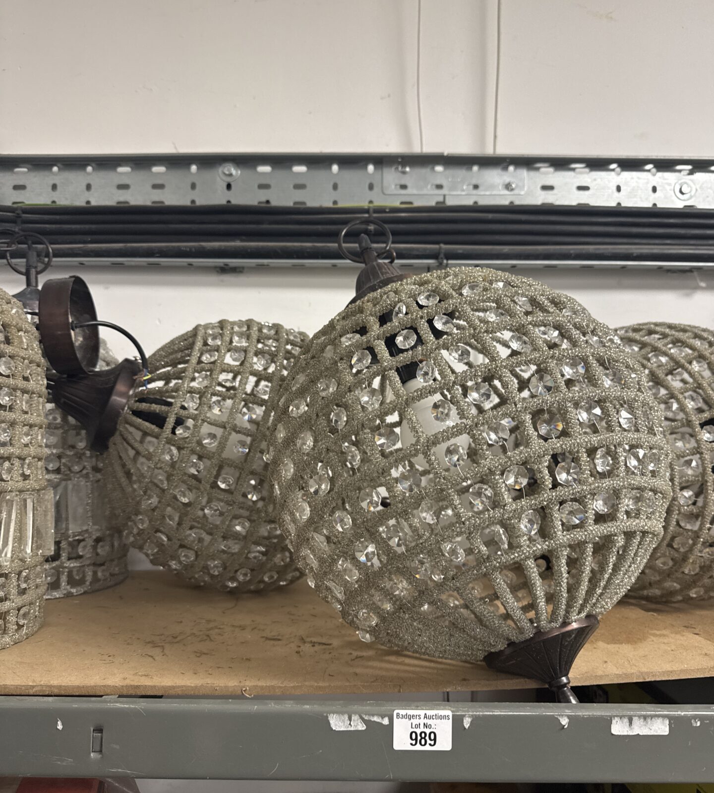 Pair of vintage bead ceiling lights with wire frames.