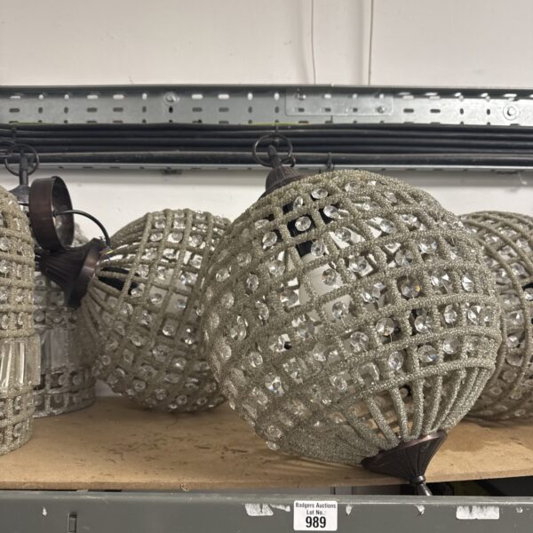 Pair of vintage bead ceiling lights with wire frames.