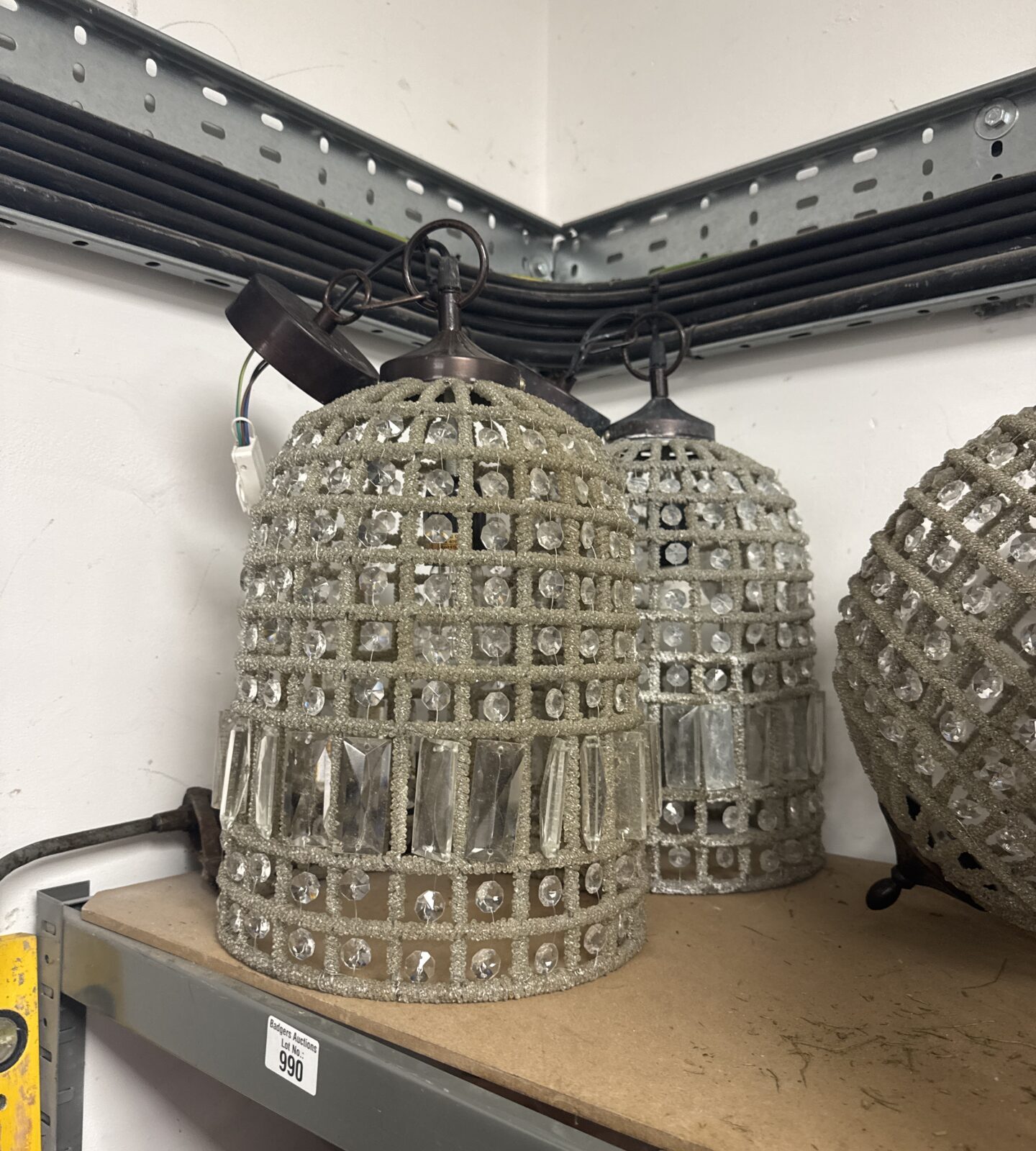 Pair of vintage bead chandeliers with wire frames.