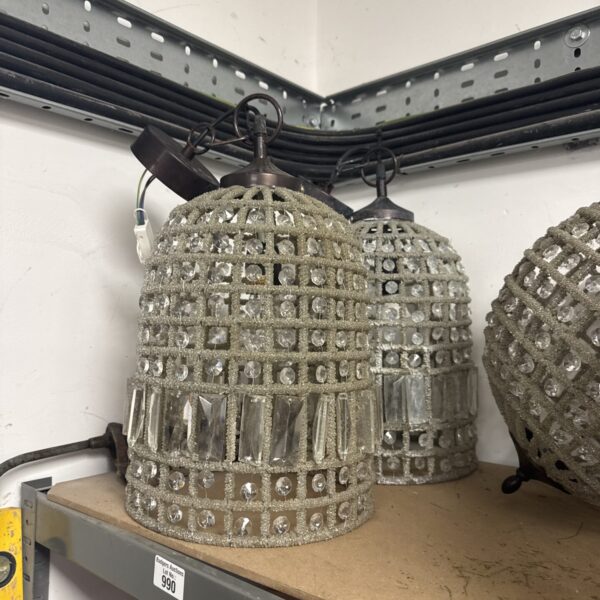 Pair of vintage bead chandeliers with wire frames.
