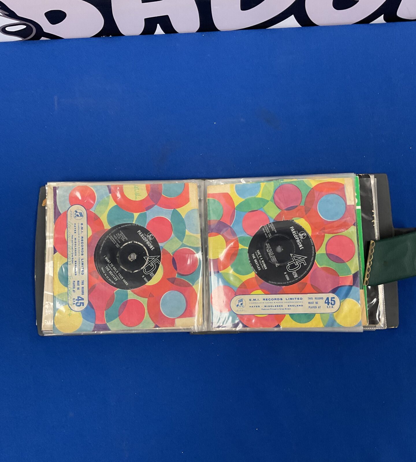 Back of a vintage Beatles single sleeve.