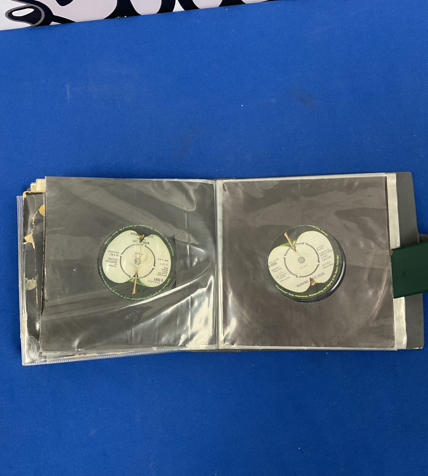 Detailed view of the Beatles single sleeve collection.