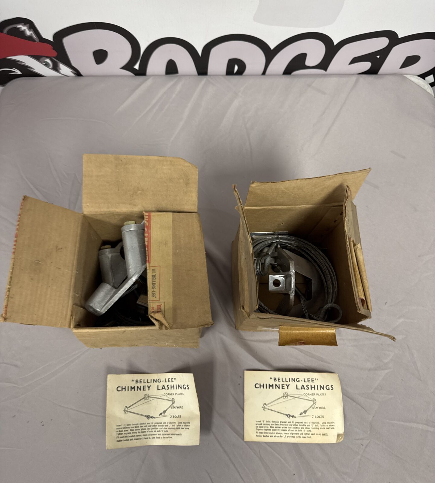 Vintage Belling-Lee chimney lashing set in original packaging.