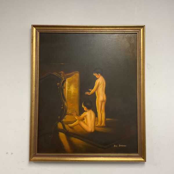 Vintage Bill Barden oil painting of boys warming by a fire.